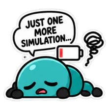 A Walky pedestrian lying down exhausted, captioned “Just one more simulation…”