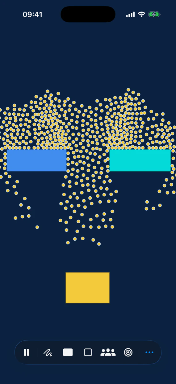 Walky on an iPhone, blueprint theme: a pale crowd streaming through a gap between a blue and a cyan wall on a navy ground, heading for a yellow goal below.
