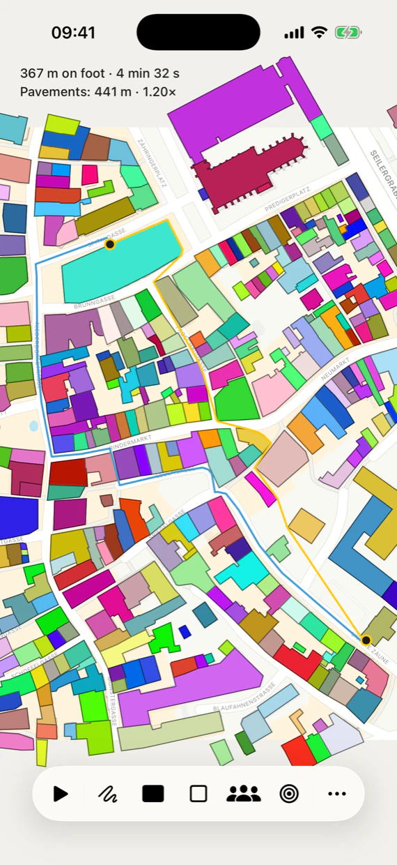Walky on an iPhone showing Zurich's main station imported from OpenStreetMap. An orange line runs across the map between two marked points and a blue line loops the long way around the station, labelled 276 metres on foot against Apple 522 metres, 1.89 times.