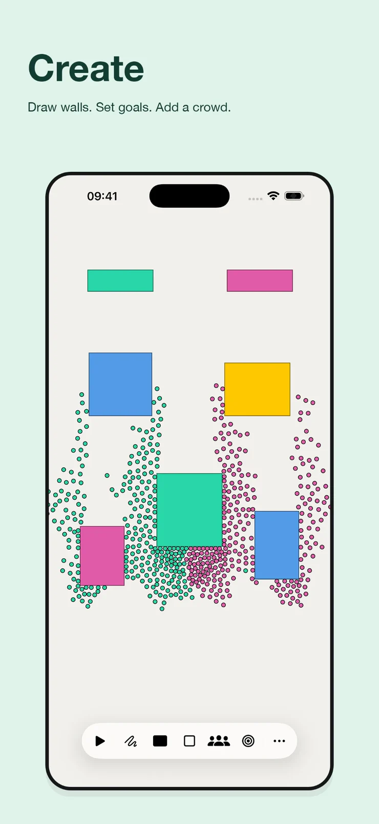 App Store screenshot headed “Create — draw walls, set goals, add a crowd”. Walky Go on an iPhone: coloured rectangles on a pale ground with a teal crowd and a magenta crowd spreading between them, and the tool bar along the bottom.