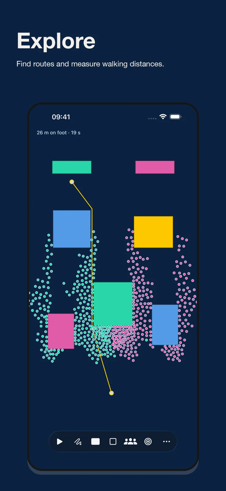 App Store screenshot headed “Explore — find routes and measure walking distances”. Walky Go on an iPhone: a yellow measured route bending around the walls between two points, labelled 26 metres on foot, 19 seconds.