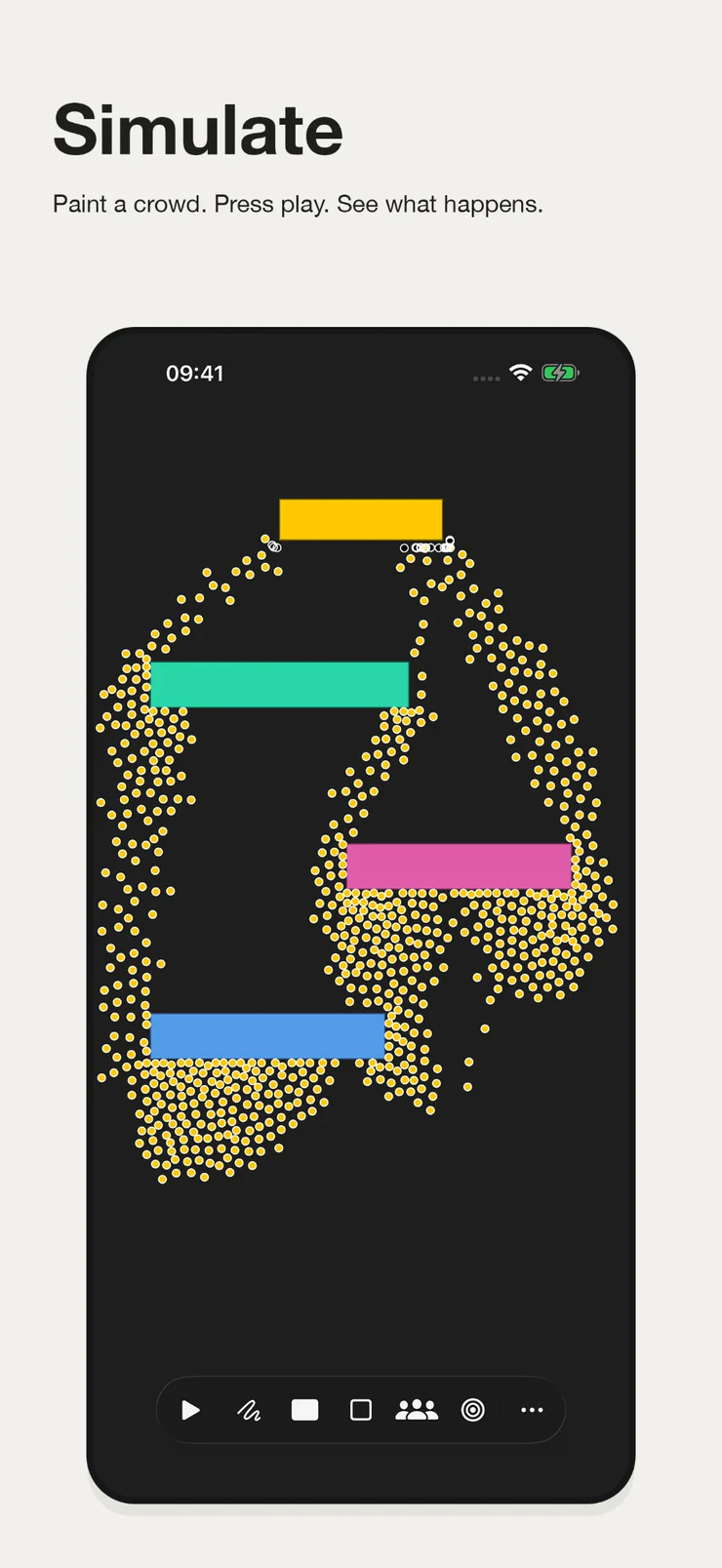 App Store screenshot headed “Simulate — paint a crowd, press play, see what happens”. Walky Go on an iPhone: hundreds of yellow pedestrians streaming around four coloured walls on a black ground and funnelling into the gaps between them.